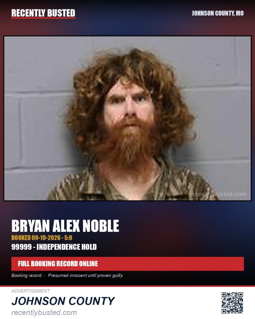 NOBLE, BRYAN ALEX — arrest record card, Johnson County, Missouri