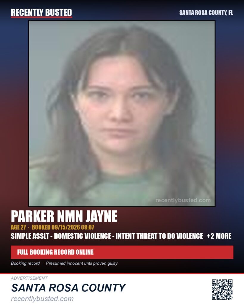 Parker Nmn Jayne — arrest record card, Santa Rosa County, Florida