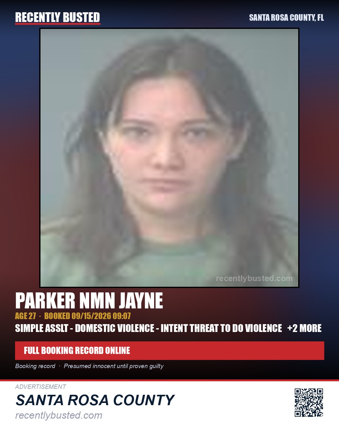 Parker Nmn Jayne — arrest record card, Santa Rosa County, Florida