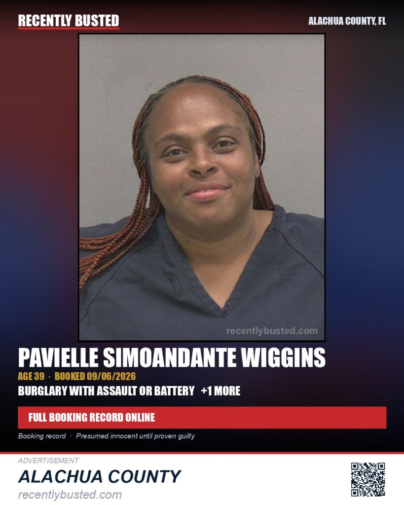 Pavielle Simoandante Wiggins — arrest record card, Alachua County, Florida
