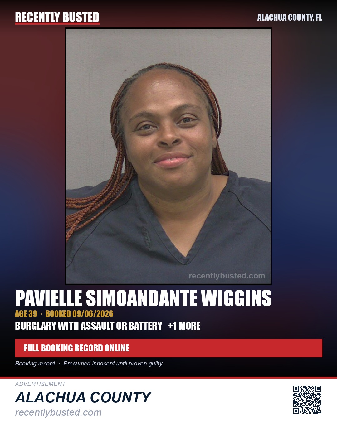 Pavielle Simoandante Wiggins — arrest record card, Alachua County, Florida
