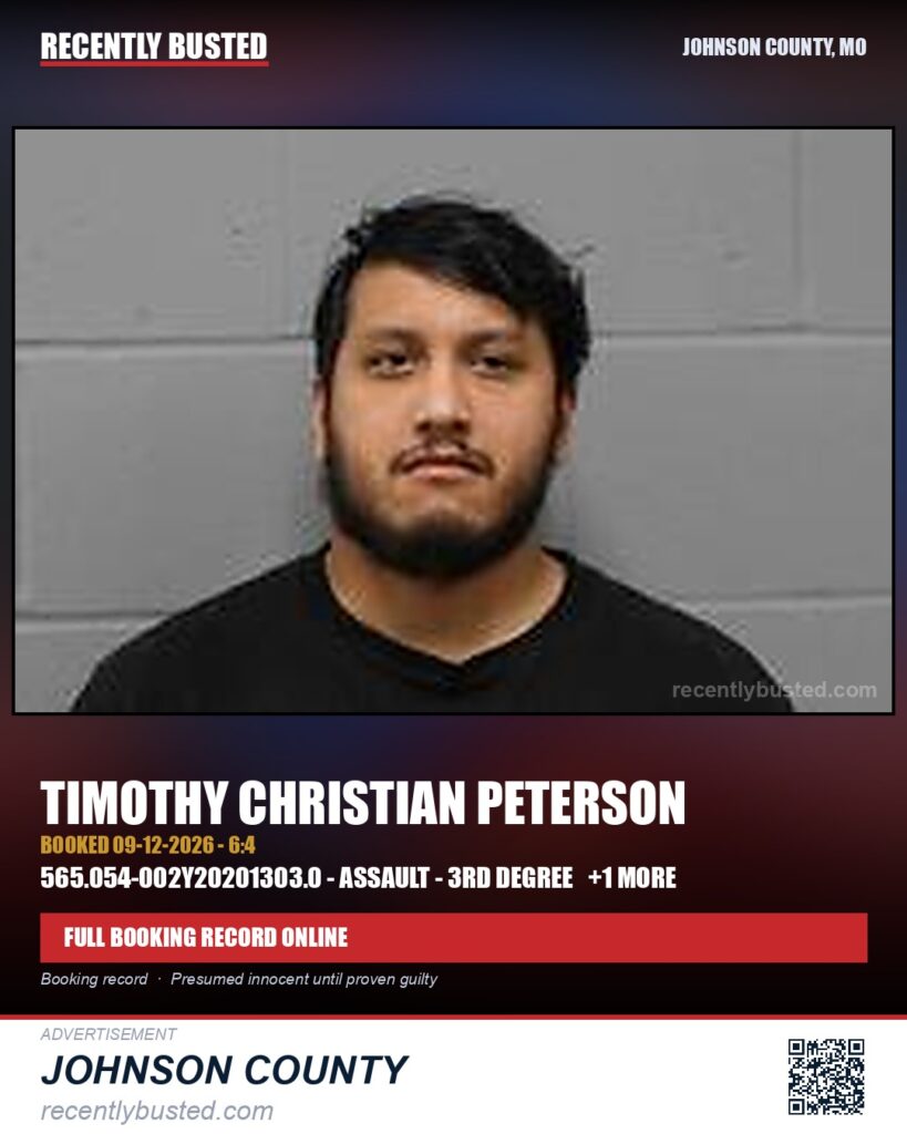 PETERSON, TIMOTHY CHRISTIAN — arrest record card, Johnson County, Missouri