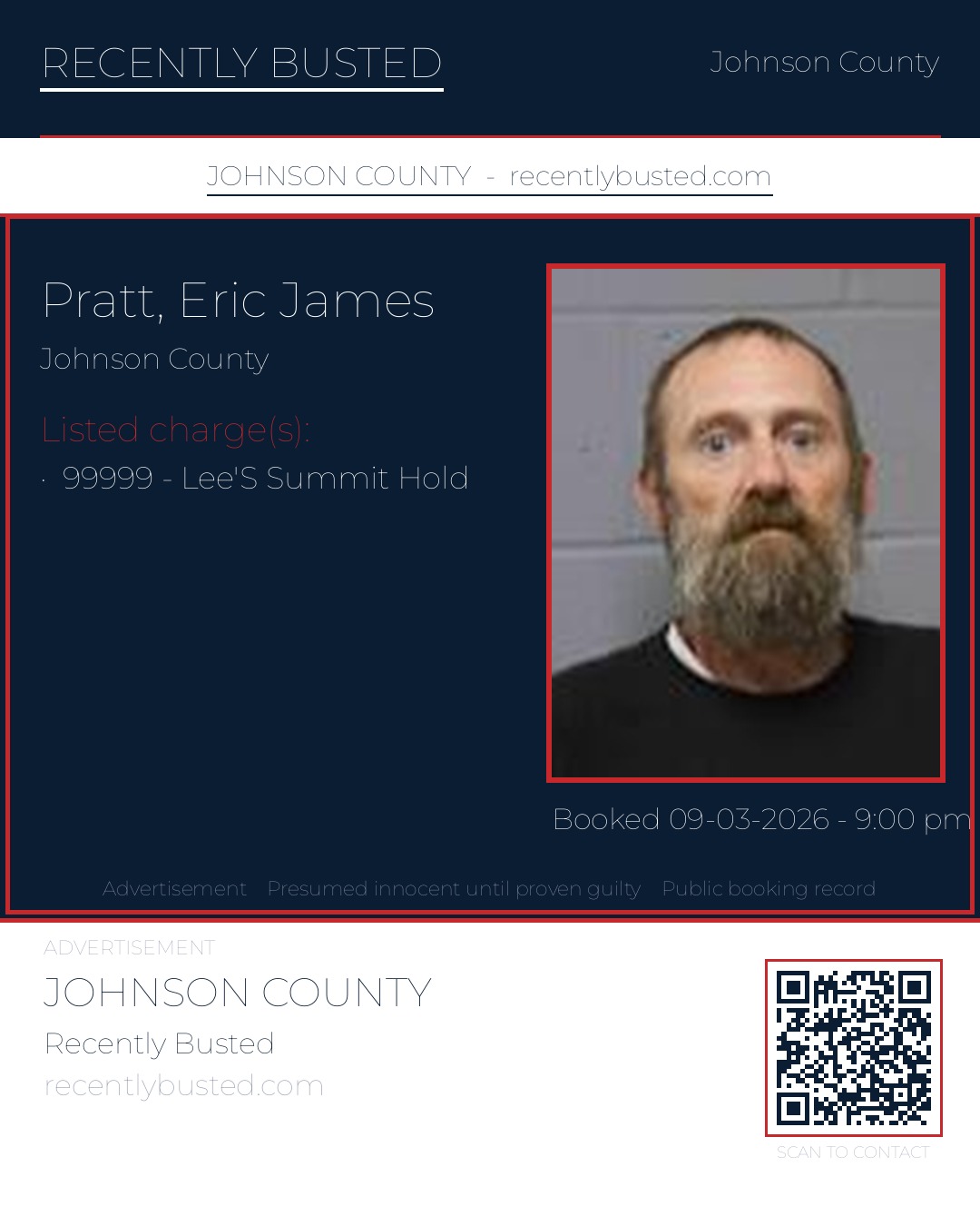 PRATT, ERIC JAMES — arrest record card, Johnson County, Missouri