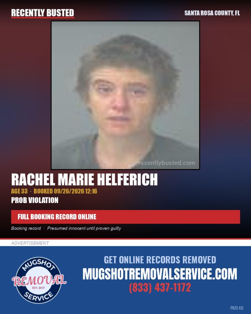 Rachel Marie Helferich — arrest record card, Santa Rosa County, Florida