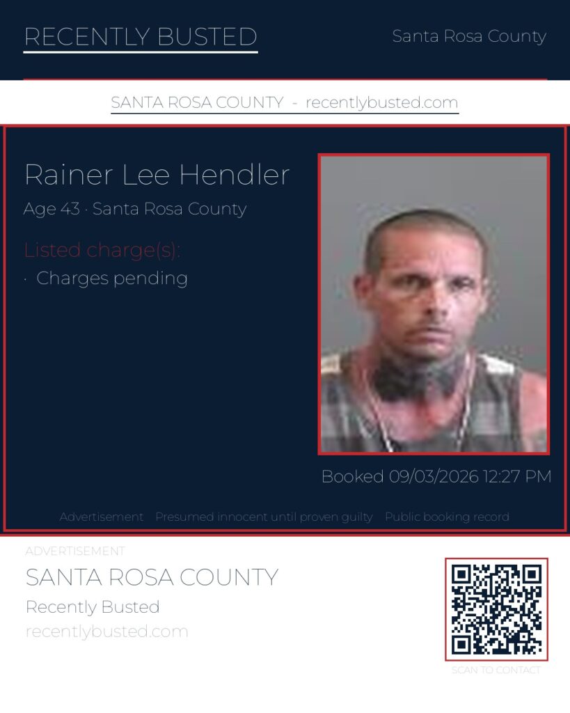 Rainer Lee Hendler — arrest record card, Santa Rosa County, Florida