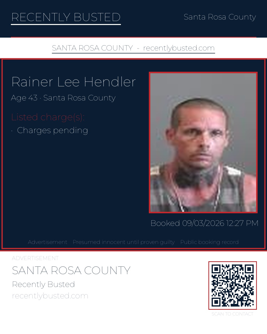 Rainer Lee Hendler — arrest record card, Santa Rosa County, Florida
