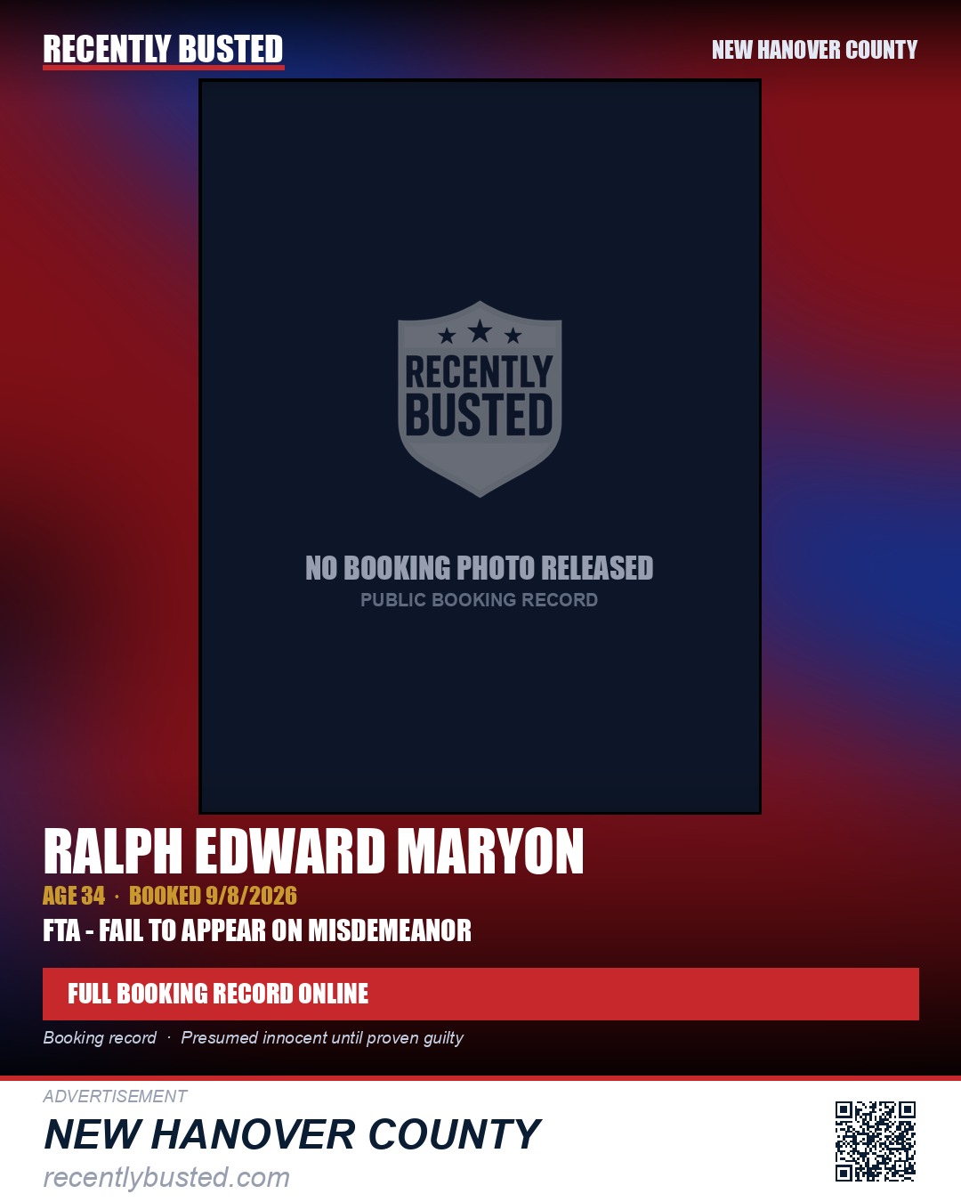 RALPH EDWARD MARYON — arrest record card, New Hanover County
