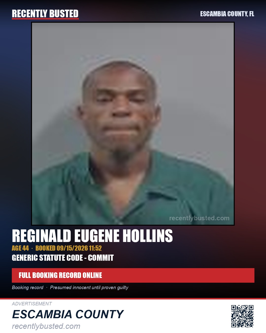 Reginald Eugene Hollins — arrest record card, Escambia County, Florida
