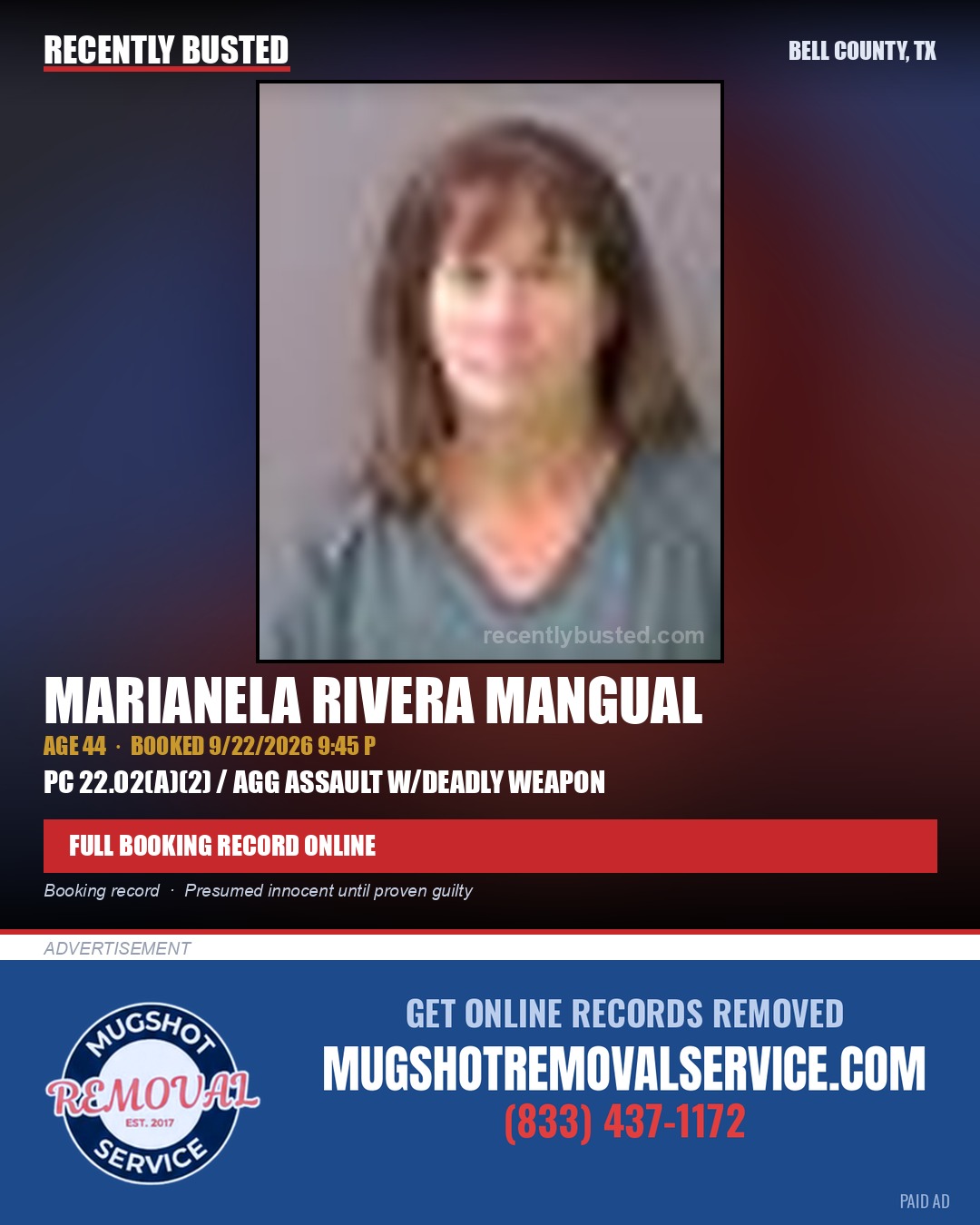 RIVERA MANGUAL, MARIANELA — arrest record card, Bell County, Texas