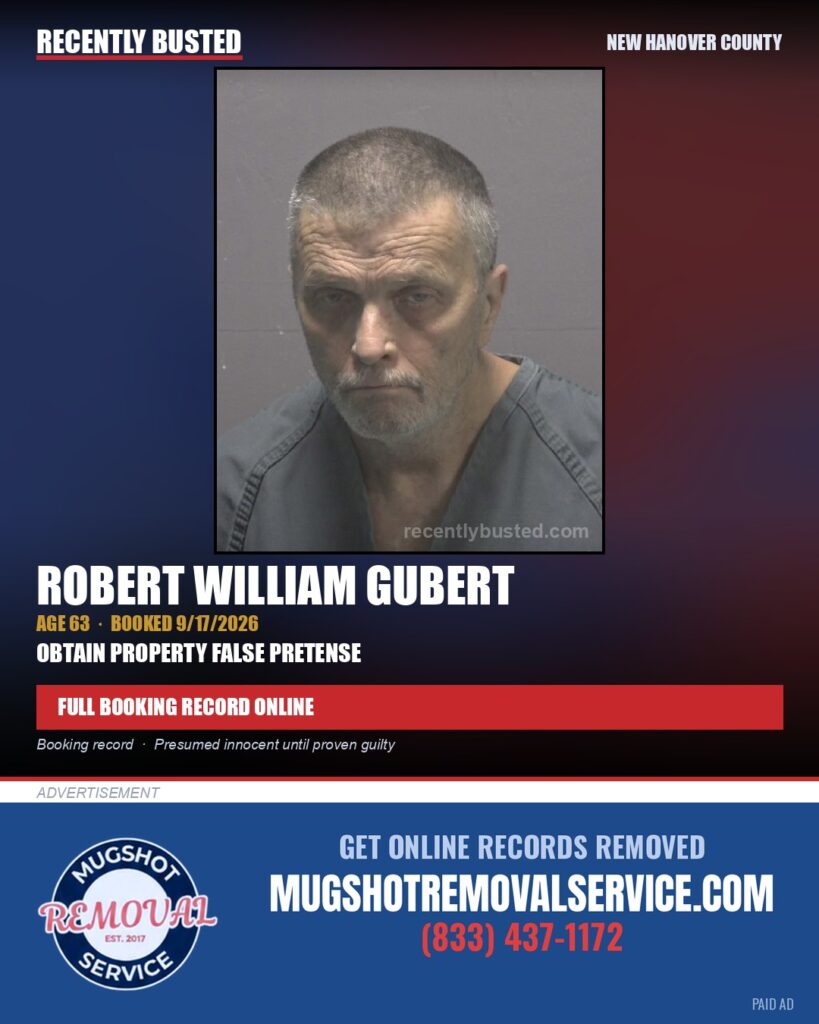 ROBERT WILLIAM GUBERT — arrest record card, New Hanover County