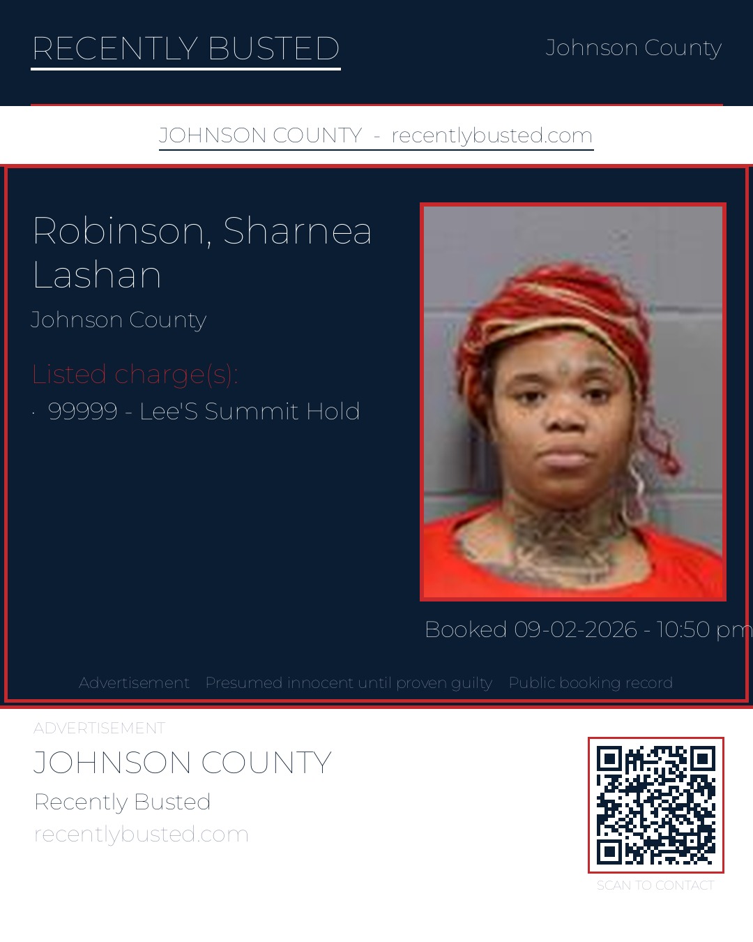 ROBINSON, SHARNEA LASHAN — arrest record card, Johnson County, Missouri