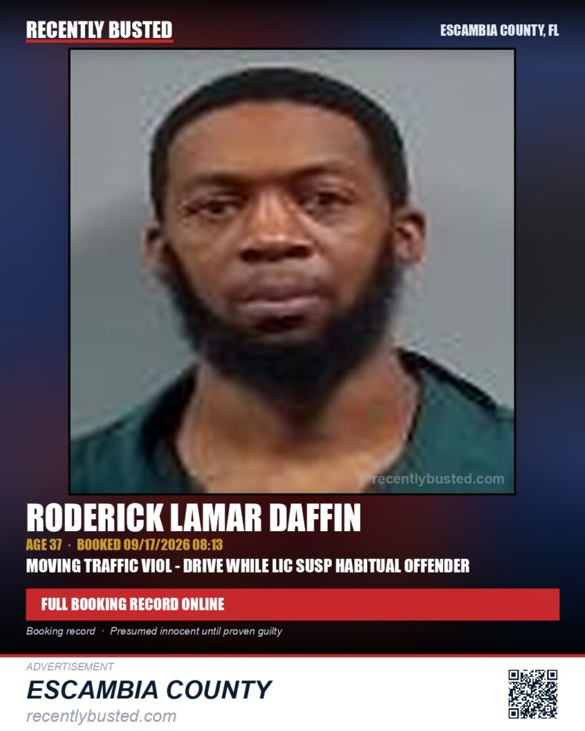 Roderick Lamar Daffin — arrest record card, Escambia County, Florida