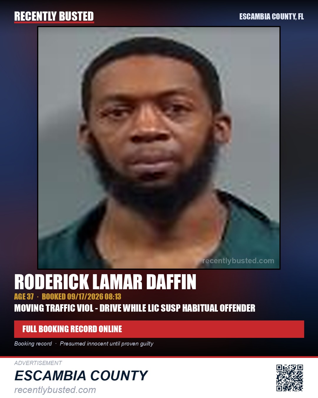 Roderick Lamar Daffin — arrest record card, Escambia County, Florida