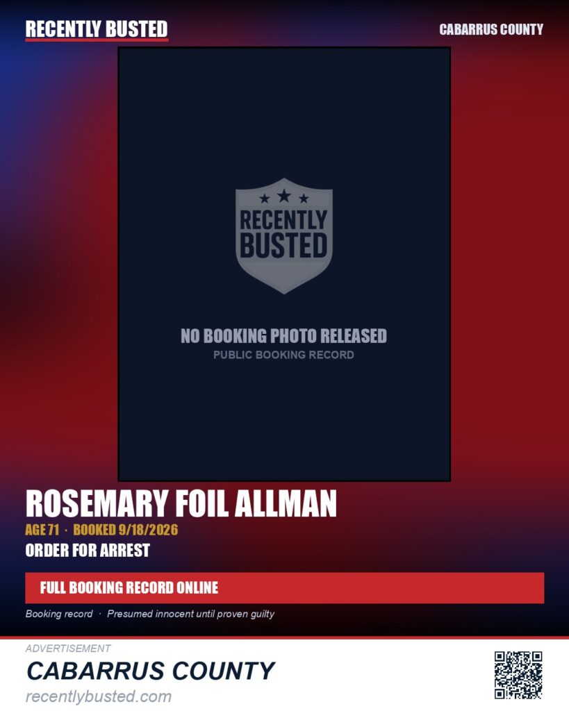 ROSEMARY FOIL ALLMAN — arrest record card, Cabarrus County