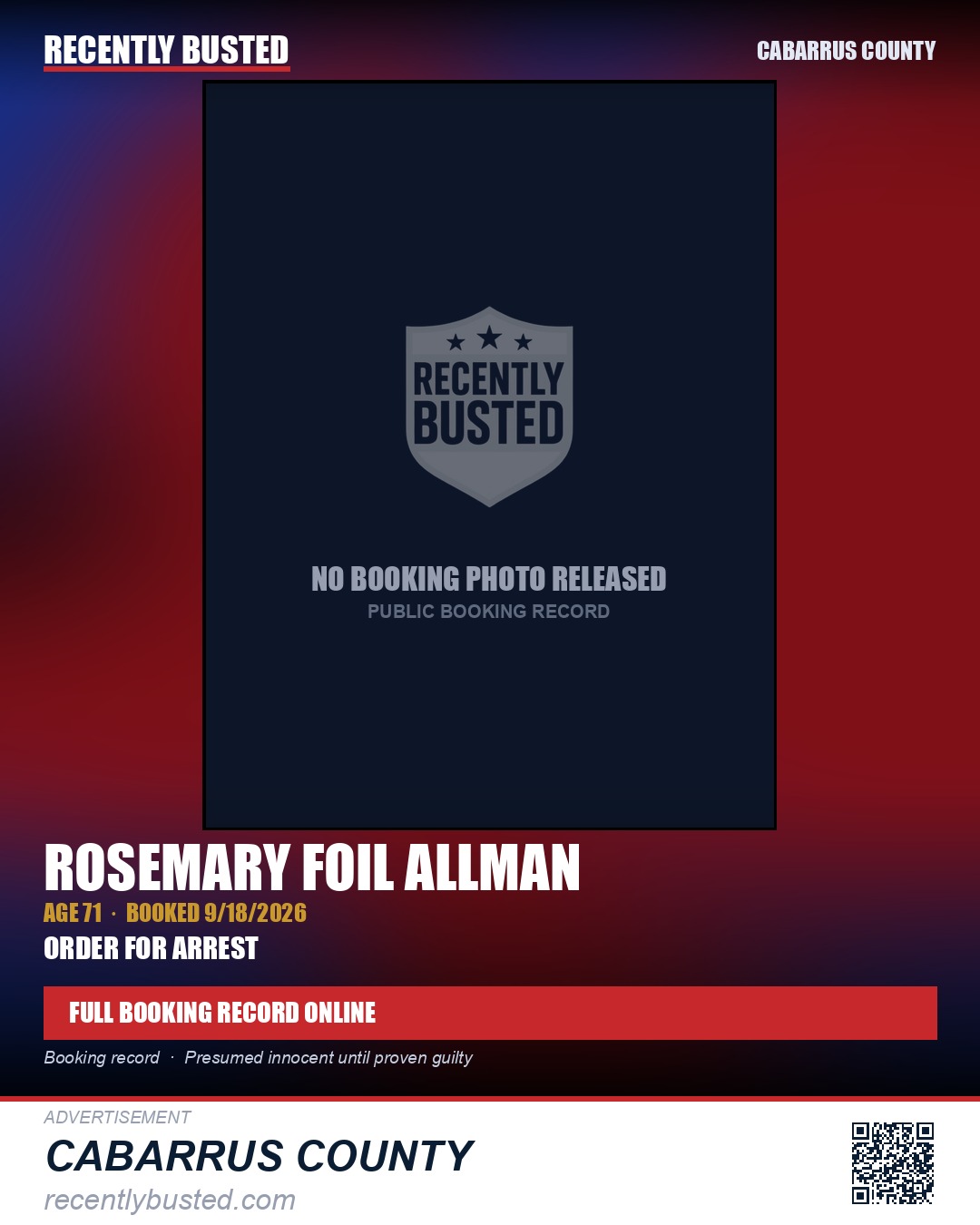 ROSEMARY FOIL ALLMAN — arrest record card, Cabarrus County