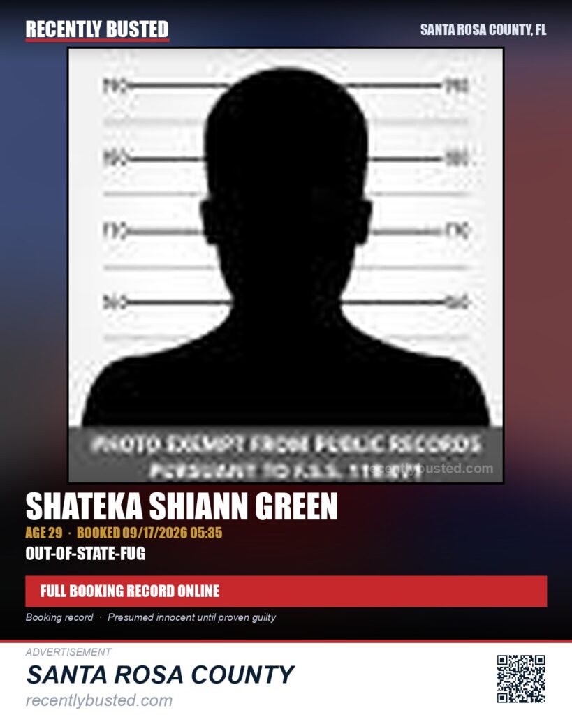 Shateka Shiann Green — arrest record card, Santa Rosa County, Florida