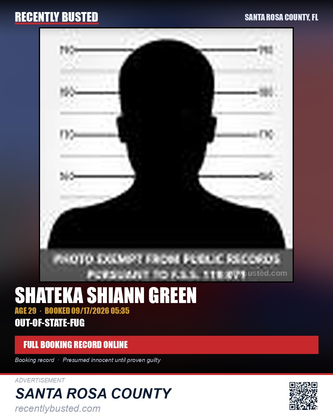 Shateka Shiann Green — arrest record card, Santa Rosa County, Florida