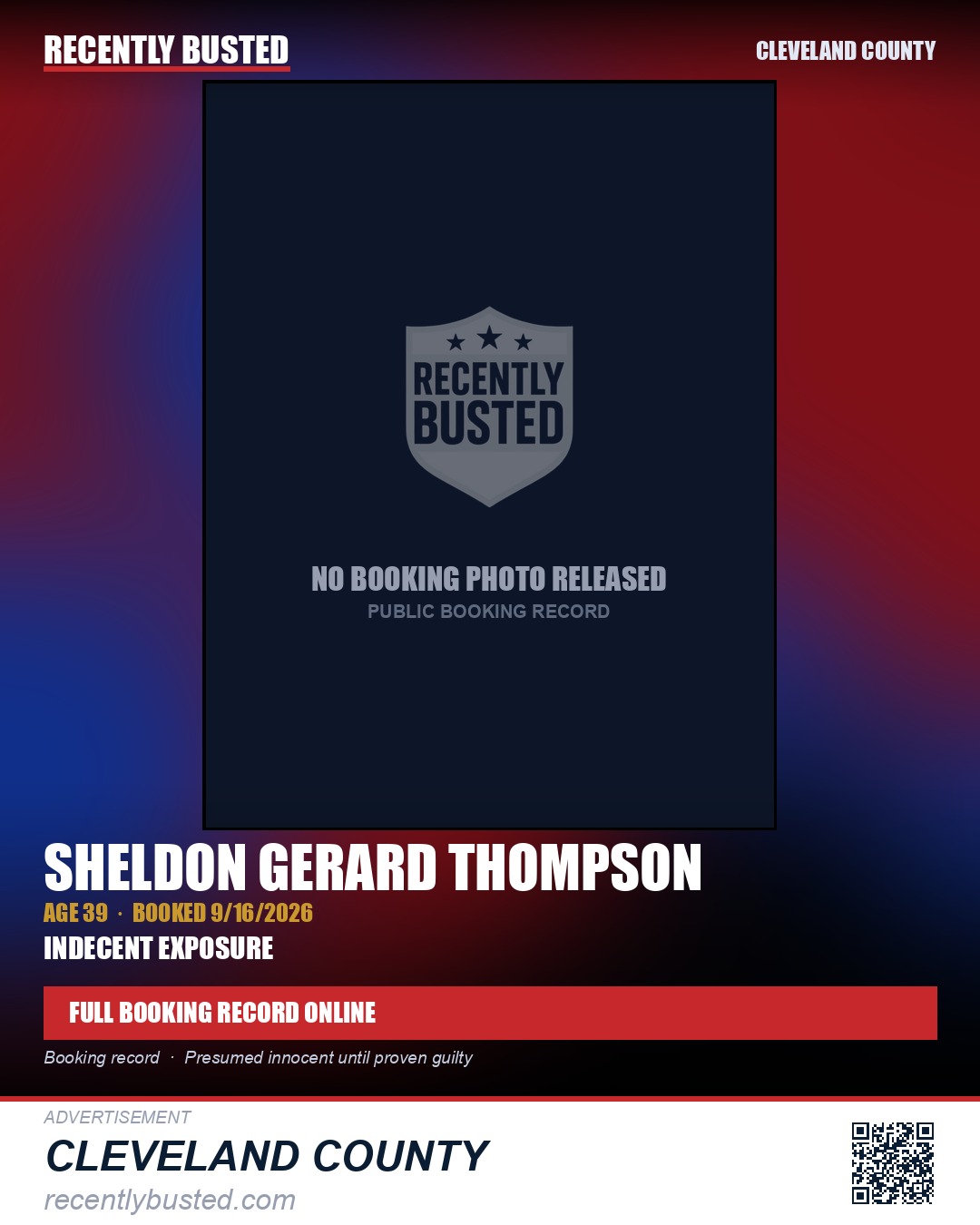 SHELDON GERARD THOMPSON — arrest record card, Cleveland County