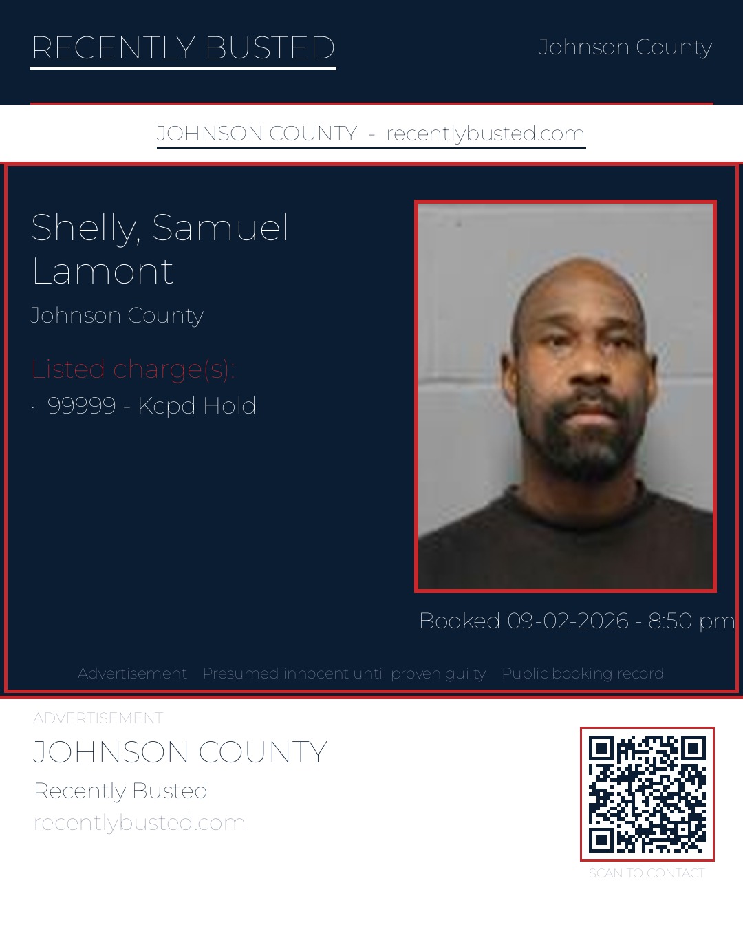 SHELLY, SAMUEL LAMONT — arrest record card, Johnson County, Missouri