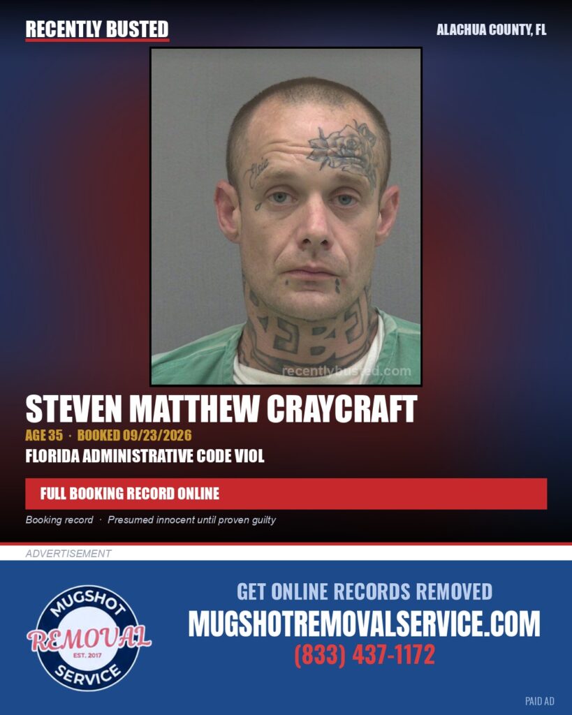 Steven Matthew Craycraft — arrest record card, Alachua County, Florida