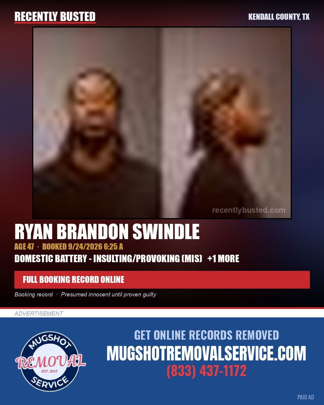 SWINDLE, RYAN BRANDON — arrest record card, Kendall County, Illinois