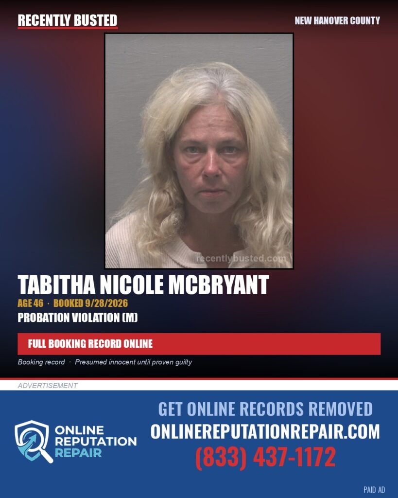 TABITHA NICOLE MCBRYANT — arrest record card, New Hanover