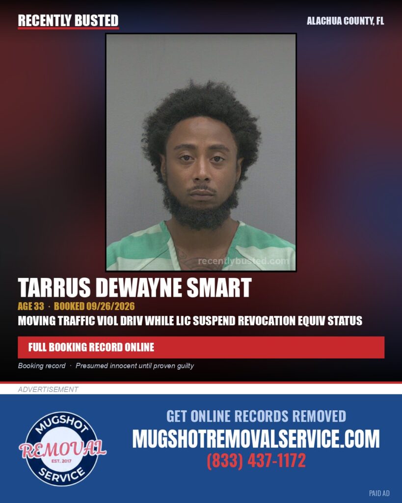 Tarrus Dewayne Smart — arrest record card, Alachua County, Florida