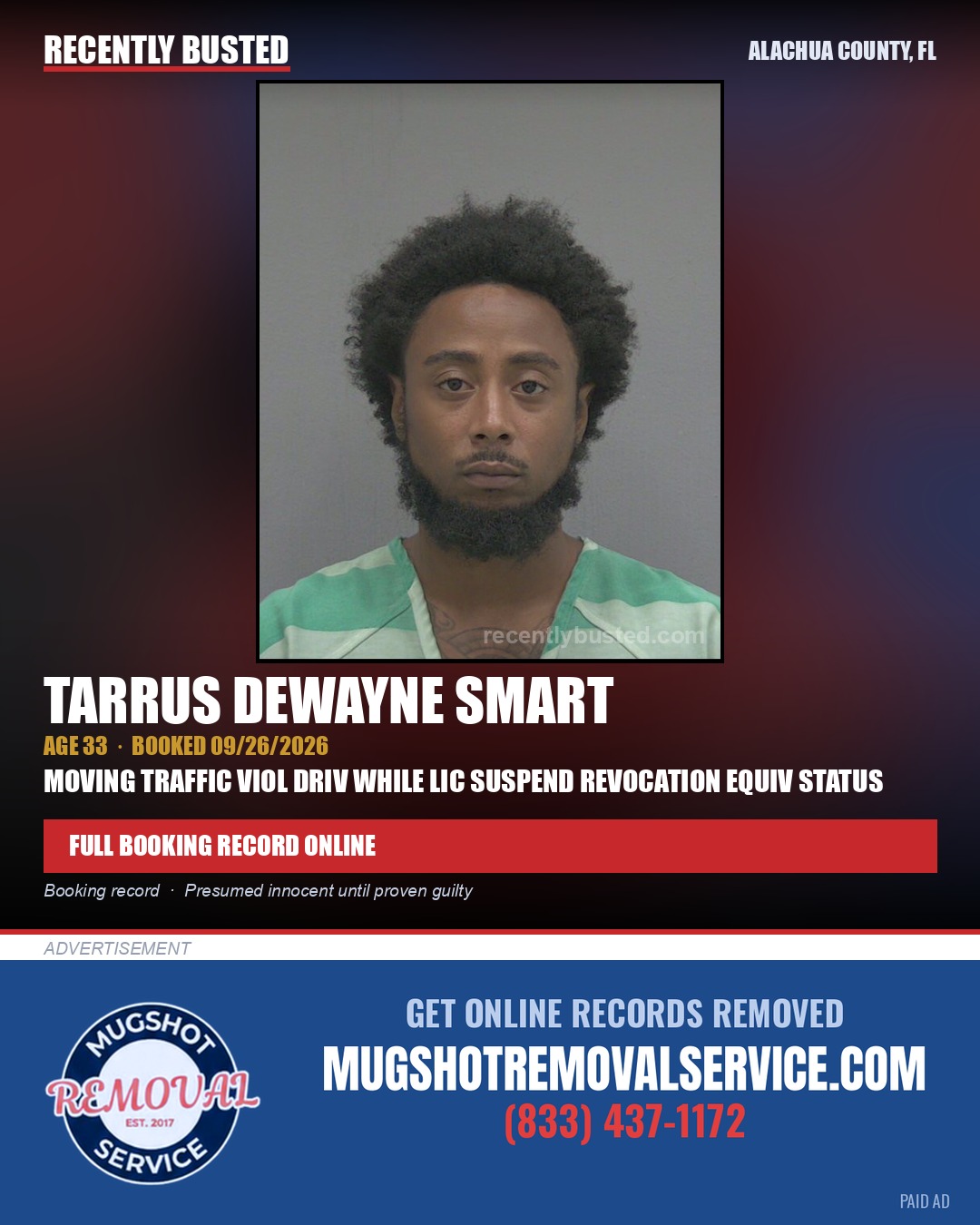 Tarrus Dewayne Smart — arrest record card, Alachua County, Florida
