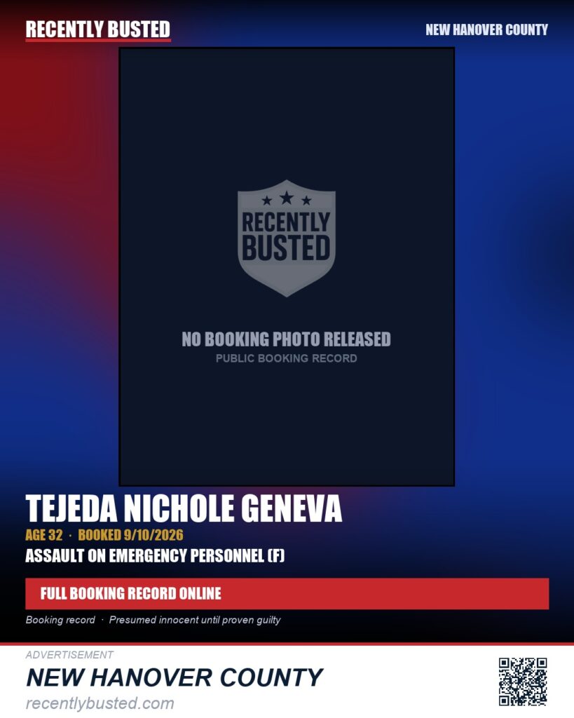 TEJEDA NICHOLE GENEVA — arrest record card, New Hanover County