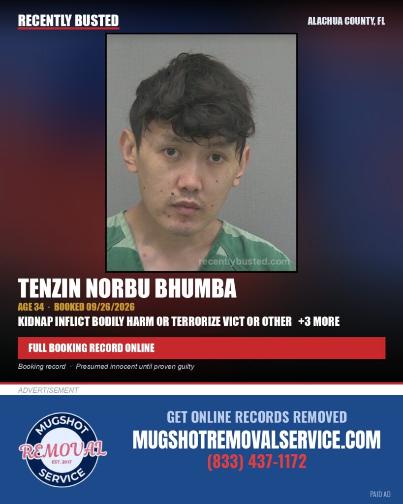 Tenzin Norbu Bhumba — arrest record card, Alachua County, Florida