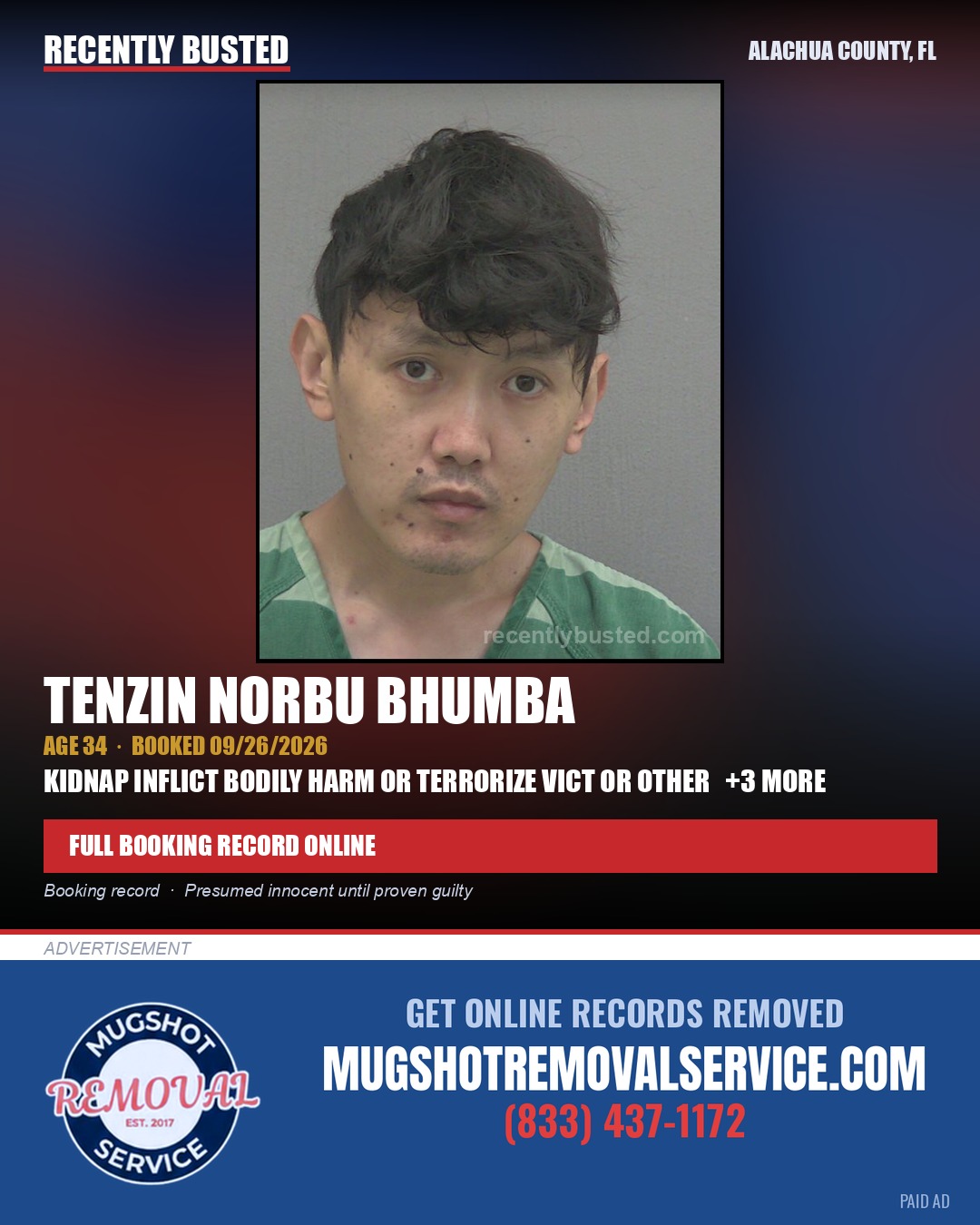 Tenzin Norbu Bhumba — arrest record card, Alachua County, Florida