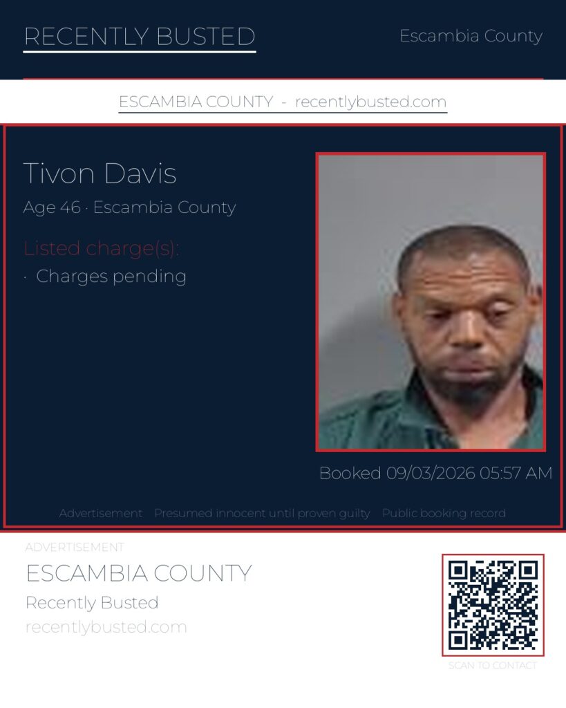 Tivon Davis — arrest record card, Escambia County, Florida