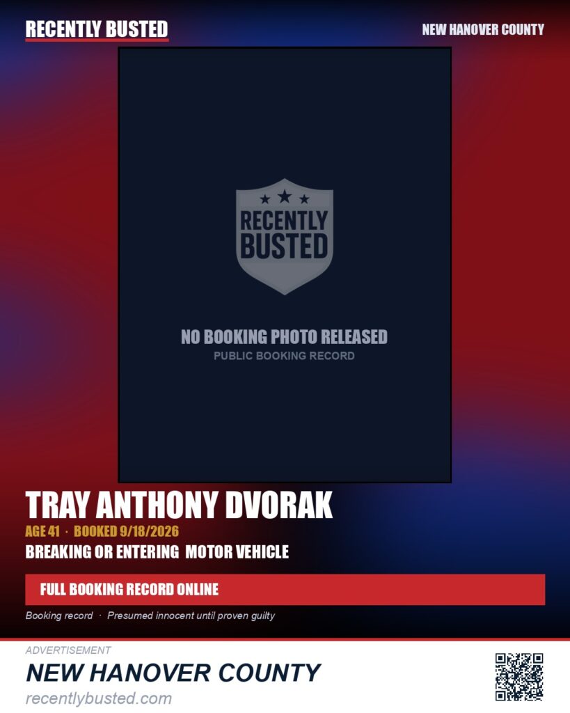 TRAY ANTHONY DVORAK — arrest record card, New Hanover