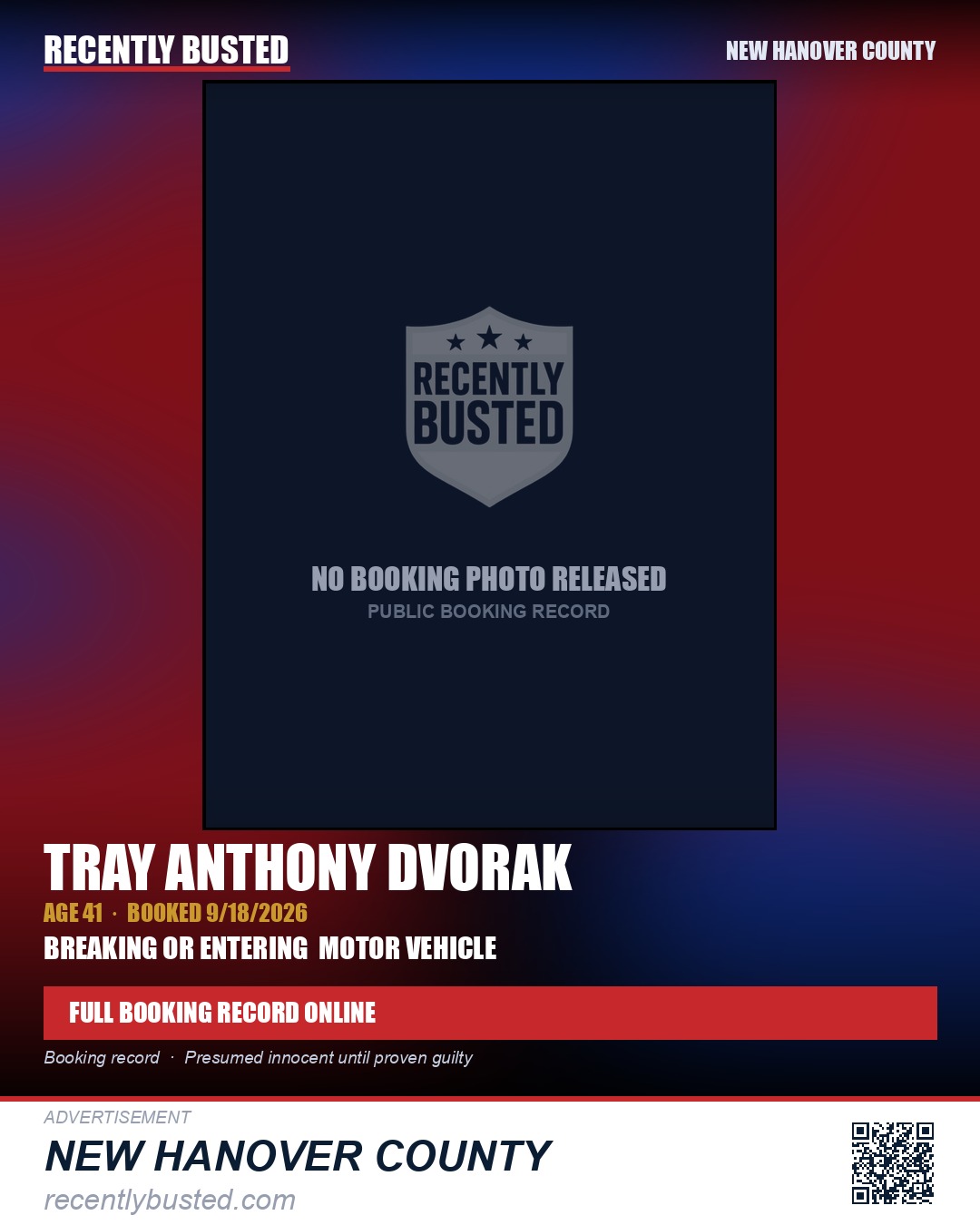 TRAY ANTHONY DVORAK — arrest record card, New Hanover County