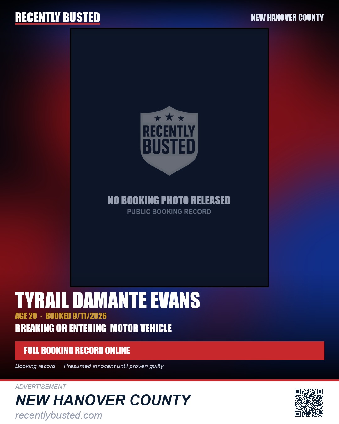 TYRAIL DAMANTE EVANS — arrest record card, New Hanover County
