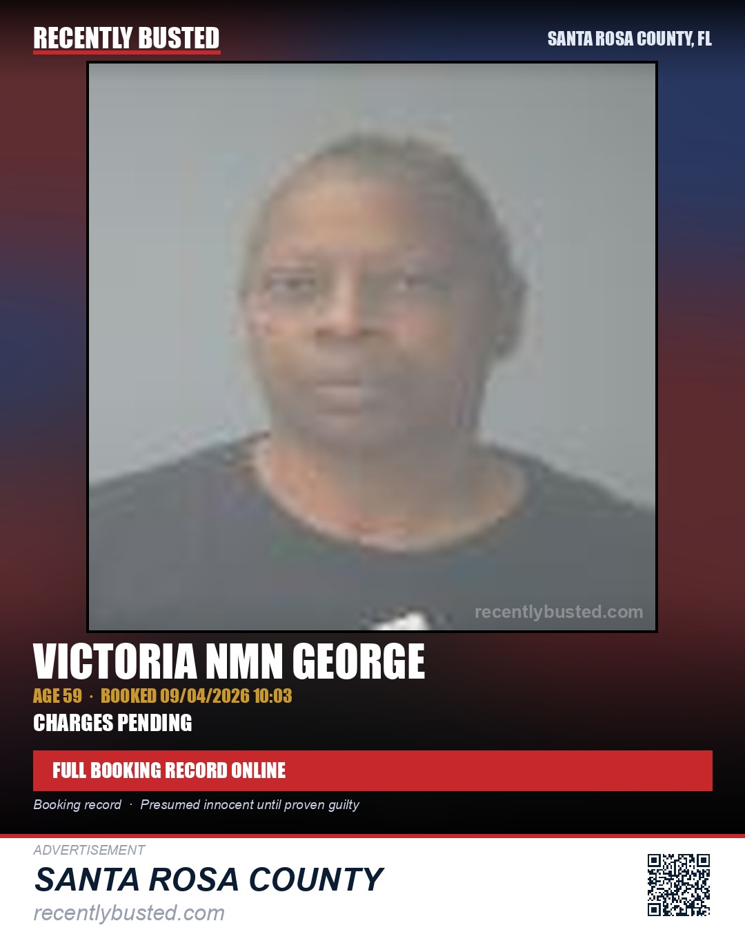 Victoria Nmn George — arrest record card, Santa Rosa County, Florida