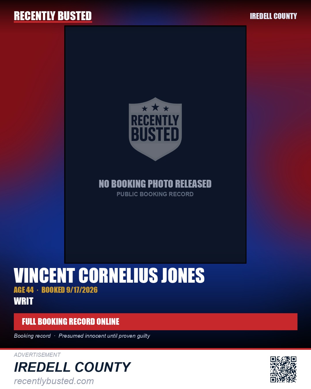 VINCENT CORNELIUS JONES — arrest record card, Iredell County