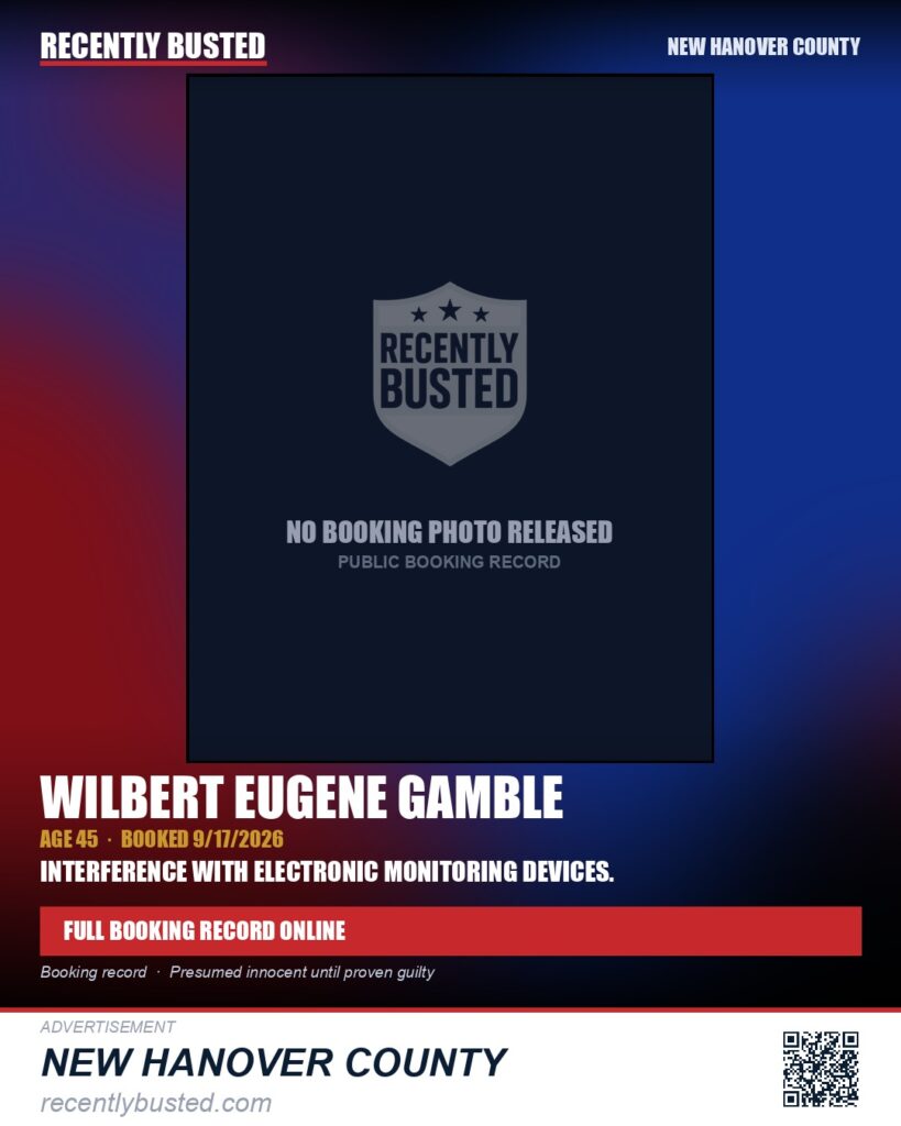 WILBERT EUGENE GAMBLE — arrest record card, New Hanover