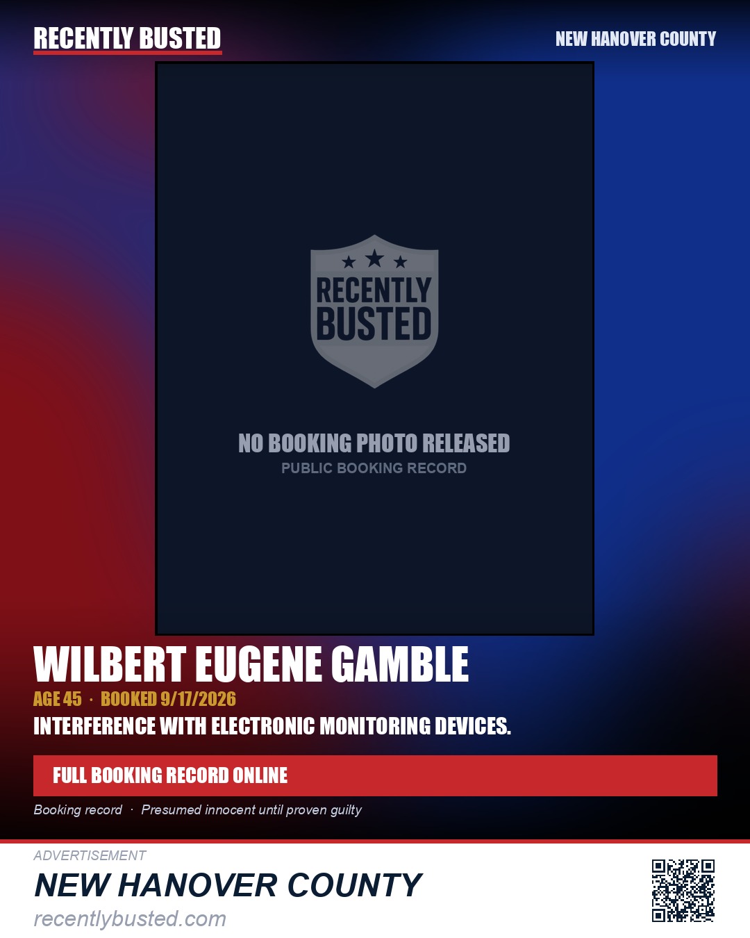 WILBERT EUGENE GAMBLE — arrest record card, New Hanover County