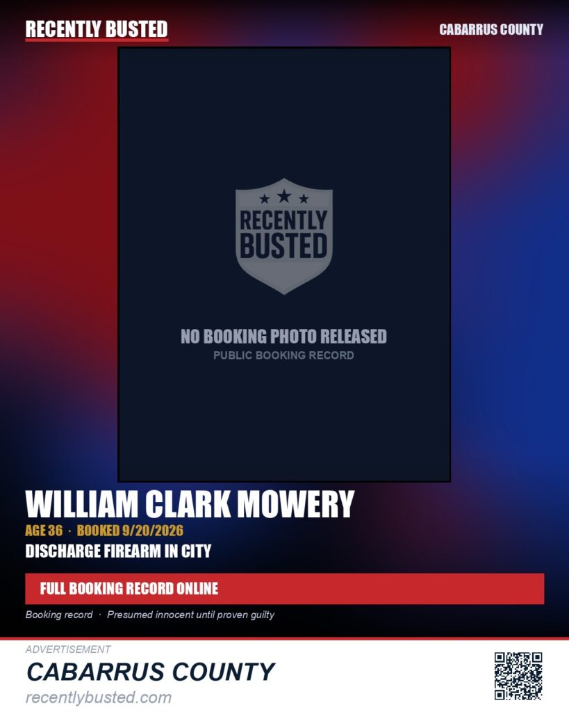 WILLIAM CLARK MOWERY — arrest record card, Cabarrus County