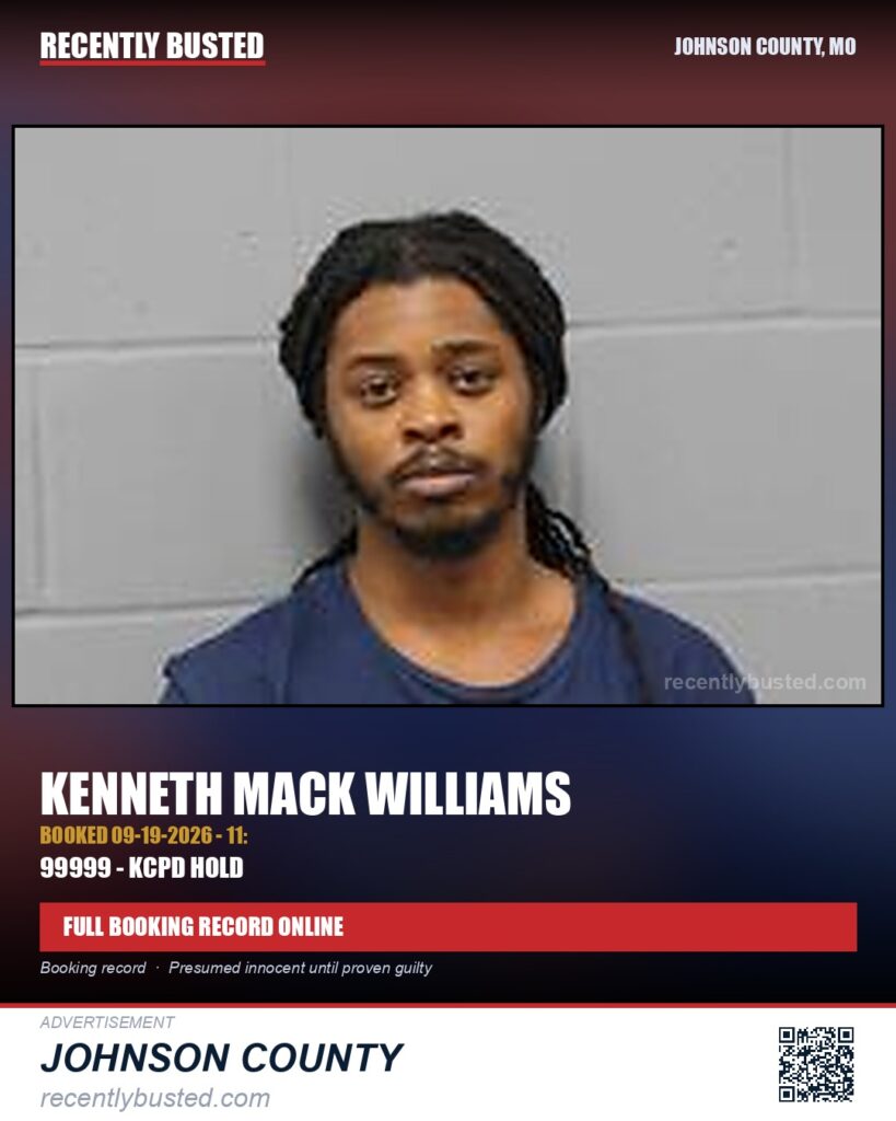 WILLIAMS, KENNETH MACK — arrest record card, Johnson County, Missouri