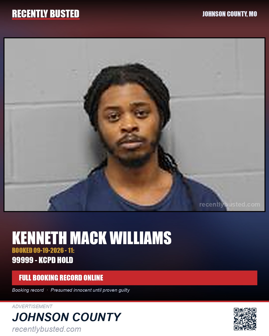 WILLIAMS, KENNETH MACK — arrest record card, Johnson County, Missouri