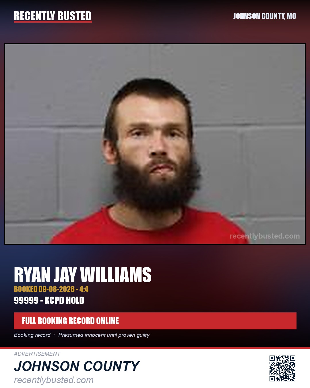 WILLIAMS, RYAN JAY — arrest record card, Johnson County, Missouri