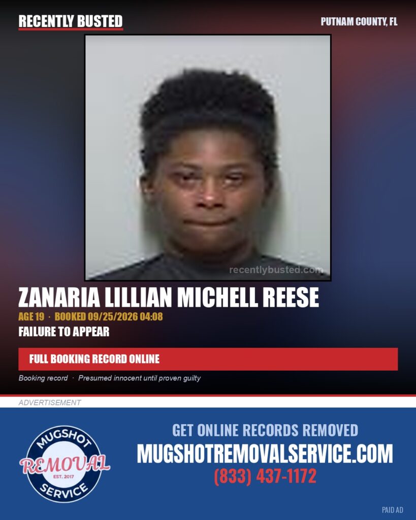 Zanaria Lillian Michell Reese — arrest record card, Putnam County, Florida