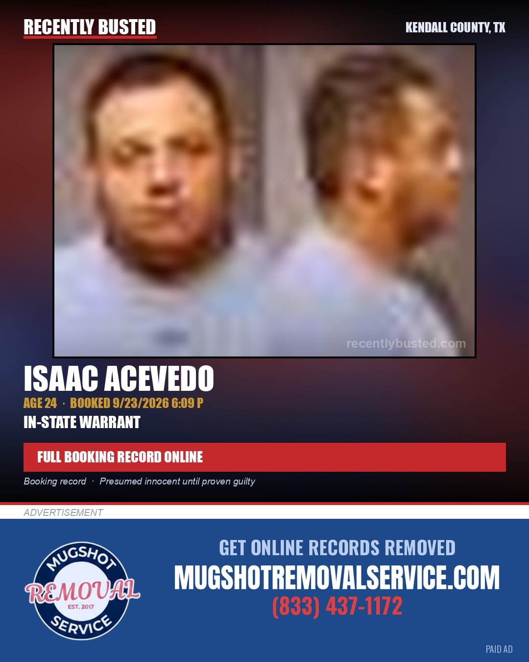 ACEVEDO, ISAAC — arrest record card, Kendall County, Illinois