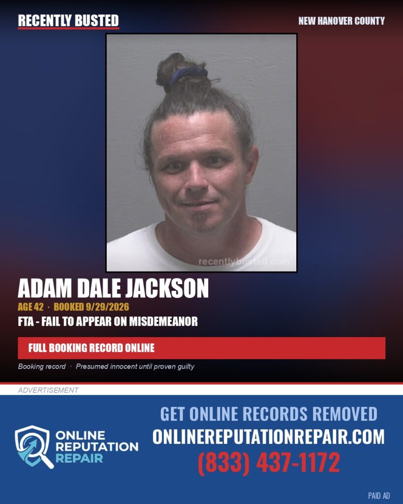 ADAM DALE JACKSON — arrest record card, New Hanover
