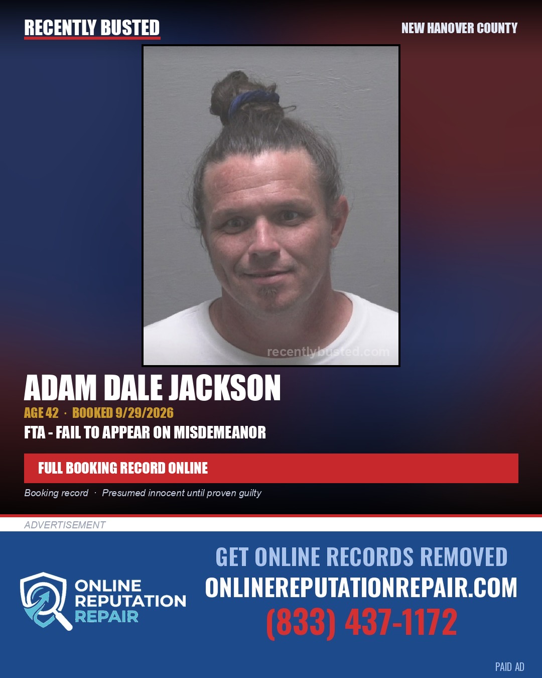 ADAM DALE JACKSON — arrest record card, New Hanover County