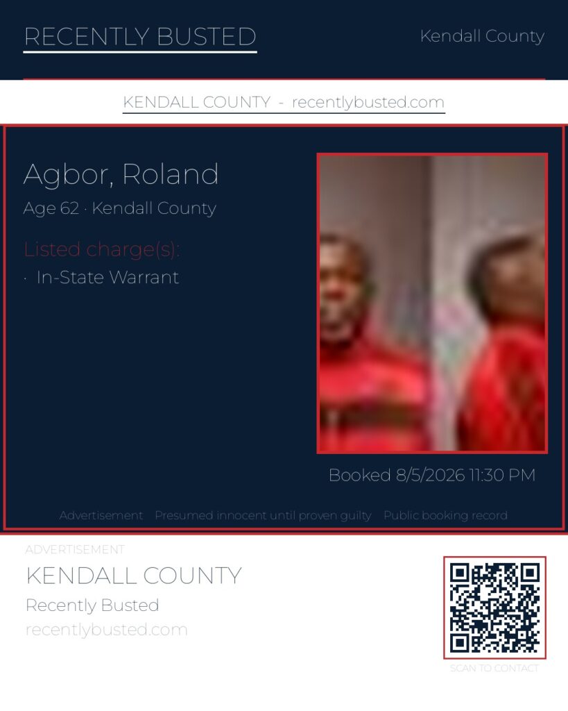 AGBOR, ROLAND — arrest record card, Kendall County, Illinois
