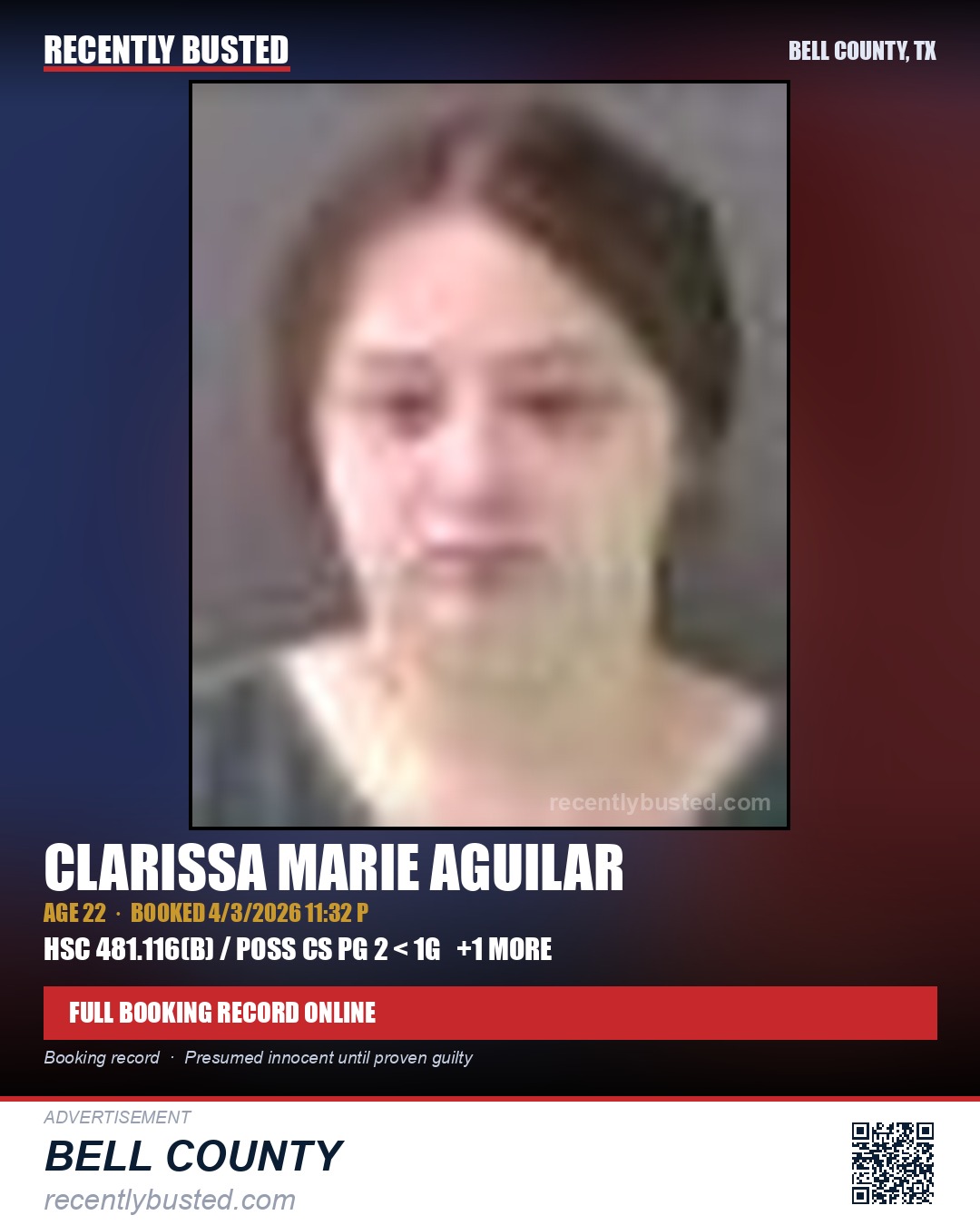 AGUILAR, CLARISSA MARIE — arrest record card, Bell County, Texas