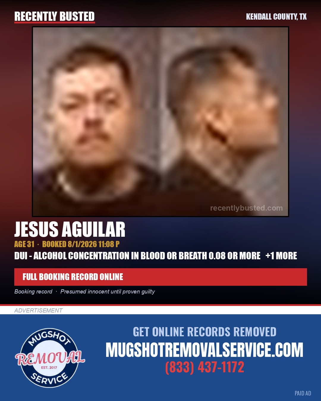 AGUILAR, JESUS — arrest record card, Kendall County, Illinois